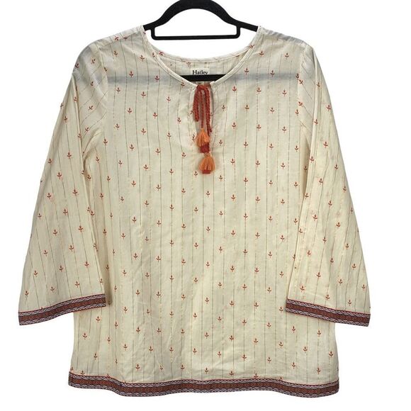 Hatley Wm’s Sz Sm Cream Red Sparkle Tie Front Sheer Bohemian Shirt Blouse - Picture 1 of 6